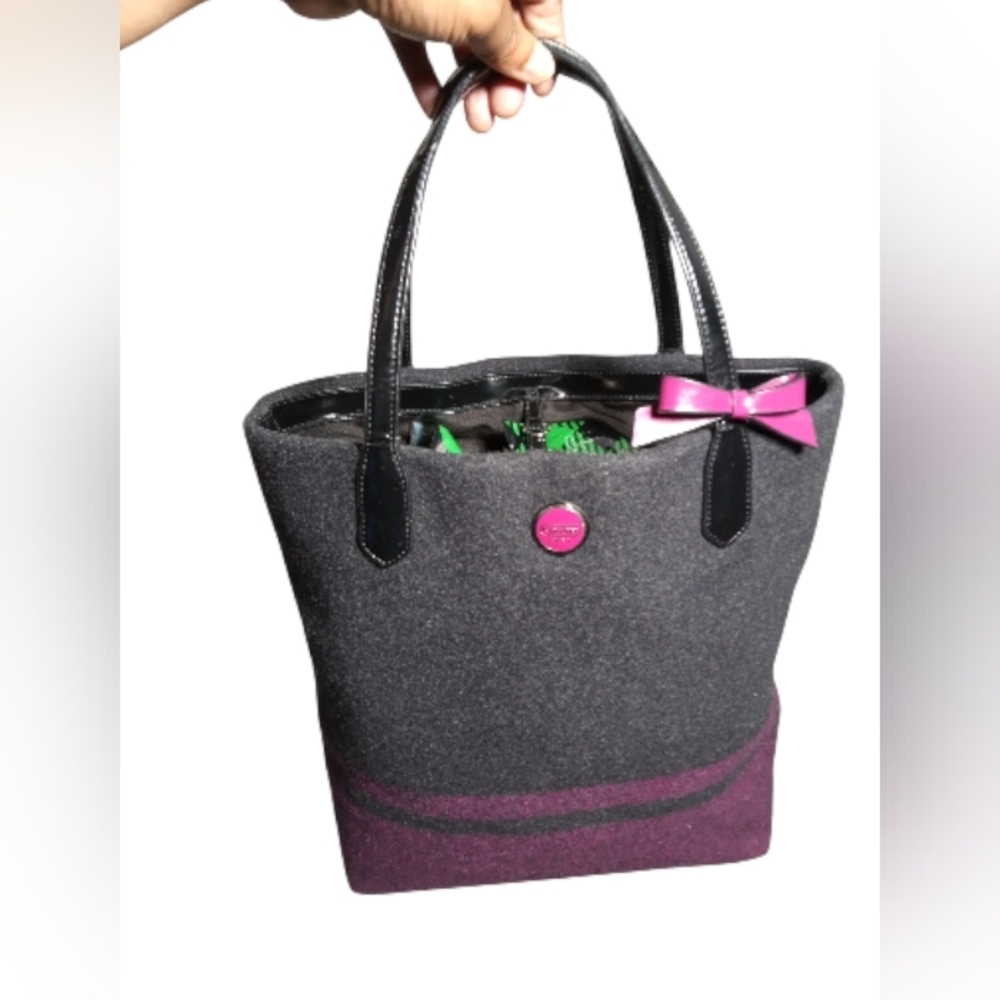 Coach Wool Shoulder Bag Black Purple Tote Leather Trim Bow Accent Winter Purse - Picture 3 of 8